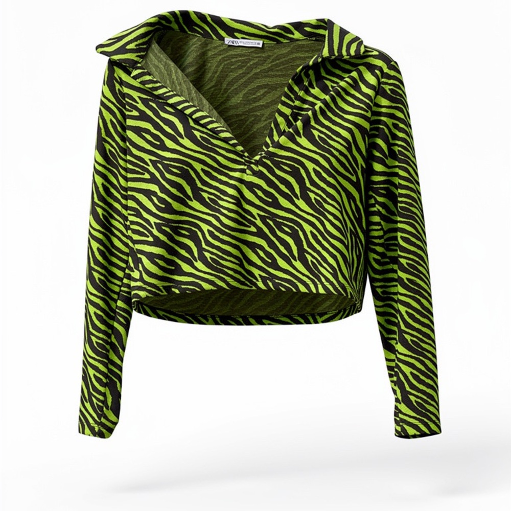 Modern Zara Green and Black Zebra Print Crop Sweater Top Size Medium
